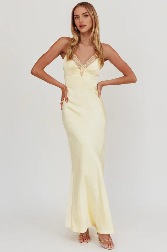 V Neck Cross-Strap Back Trim Lace Lemon Maxi Homecoming Dress Prom Dress