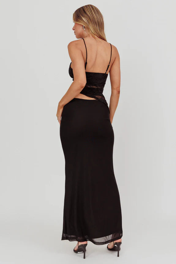 V Neck Cutout Lace Bodice Black Maxi Homecoming Dress Prom Dress