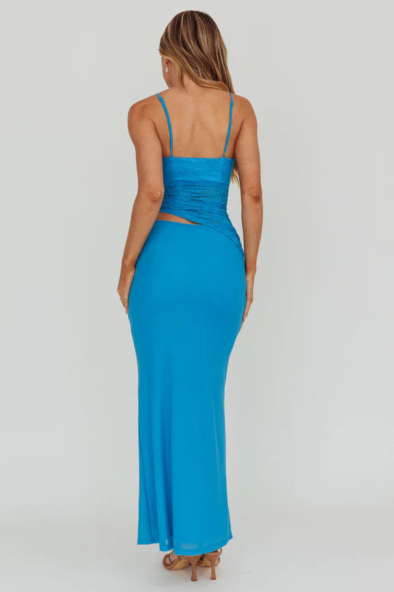 V Neck Cutout Lace Bodice Blue Maxi Homecoming Dress Prom Dress