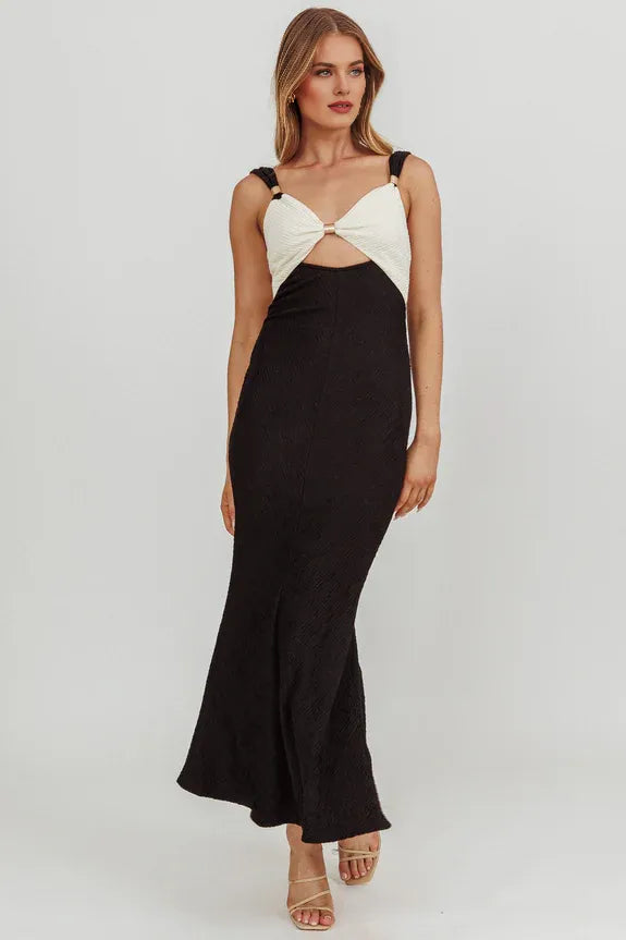V Neck Cutout Textured Contrast Oyster And Black Maxi Evening Dress