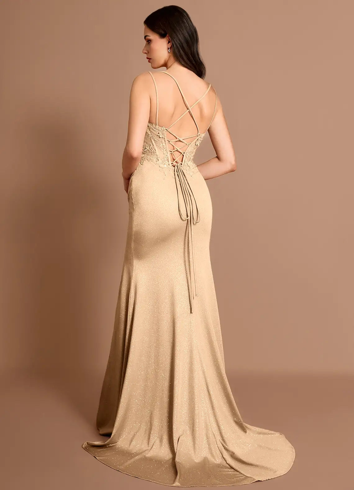 V Neck Double Straps Corset Beaded Applique Champagne Maxi Evening Dress