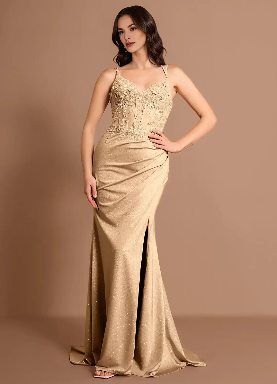 V Neck Double Straps Corset Beaded Applique Champagne Maxi Evening Dress