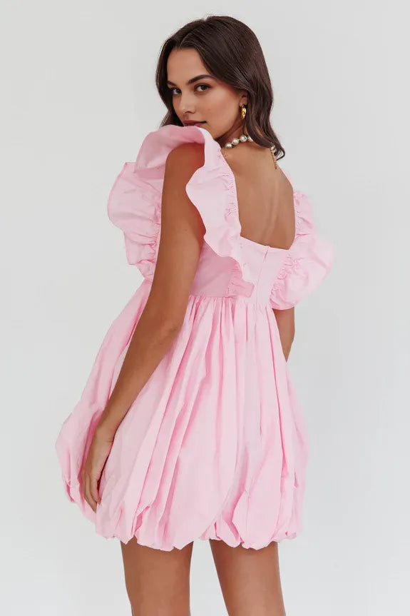 V Neck Flying Sleeves Blush Mini Homecoming Dress With Bubble Hem