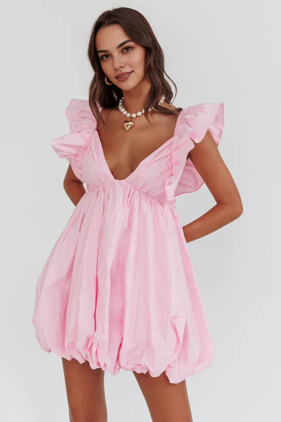 V Neck Flying Sleeves Blush Mini Homecoming Dress With Bubble Hem