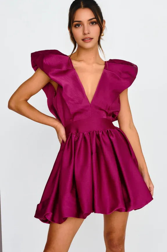 V Neck Flying Sleeves Open Back Bubble Hem Magenta Mini Homecoming Dress