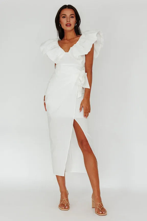 V Neck Flying Sleeves Ruffle Wrap Green Midi Evening Dress Party Dress