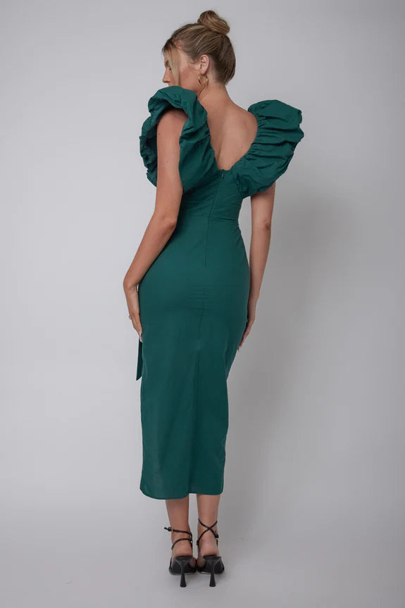 V Neck Flying Sleeves Ruffle Wrap Green Midi Evening Dress Party Dress