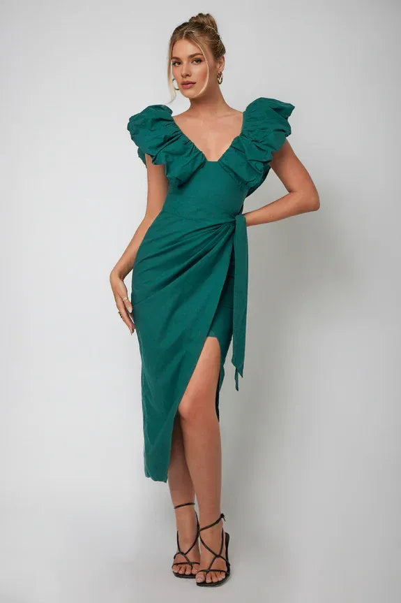 V Neck Flying Sleeves Ruffle Wrap Green Midi Evening Dress Party Dress