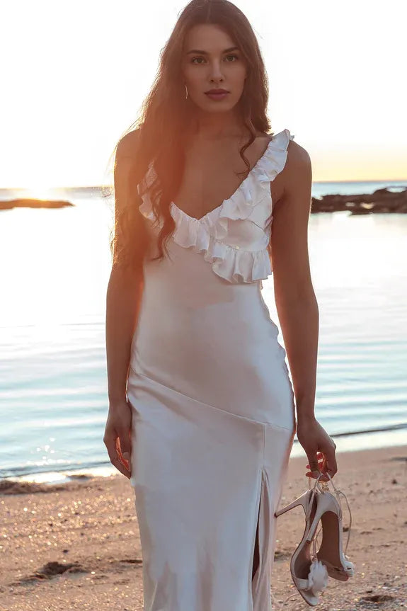 V Neck Frill Trim Backless White Maxi Evening Dress With High Split