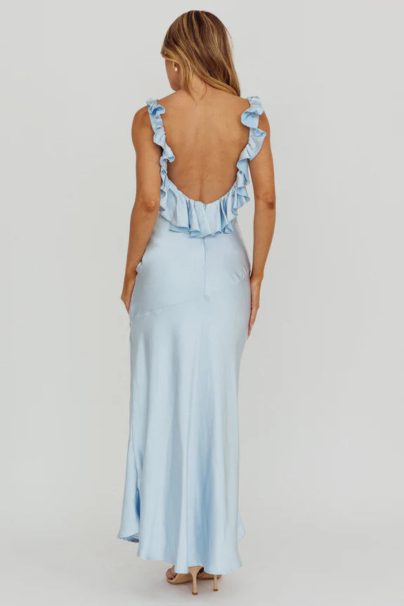 V Neck Frill Trim Blue Maxi Evening Dress Prom Dress With Slit