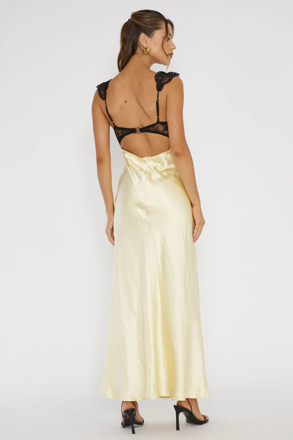 V Neck Lace Bust Cut-Out Open Back Lemon Maxi Evening Dress