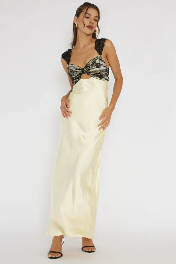 V Neck Lace Bust Cut-Out Open Back Lemon Maxi Evening Dress