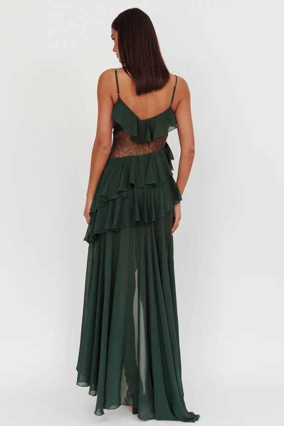 V Neck Lace Waist Ruffle Hunter Green Maxi Homecoming Dress Prom Dress