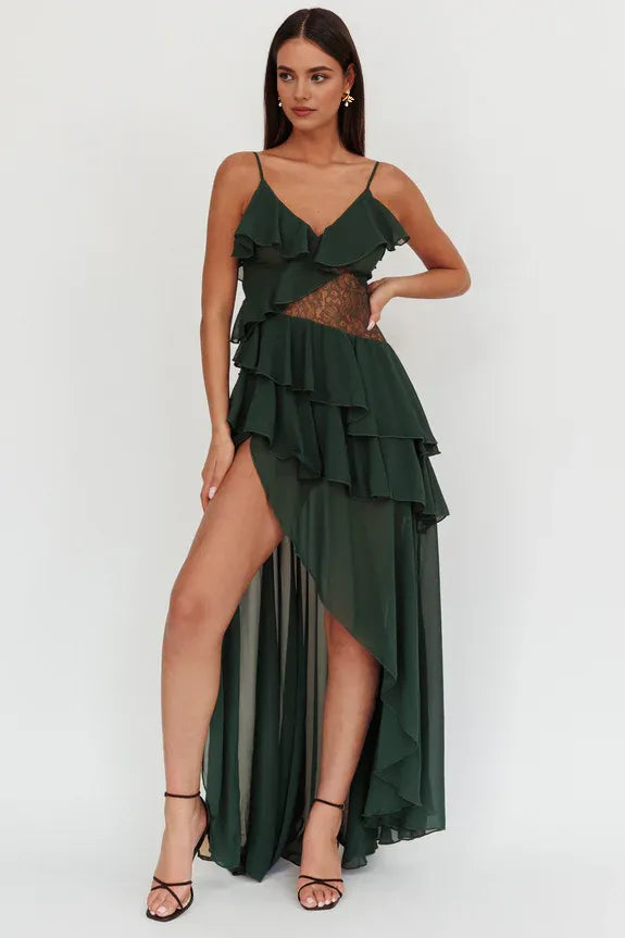 V Neck Lace Waist Ruffle Hunter Green Maxi Homecoming Dress Prom Dress