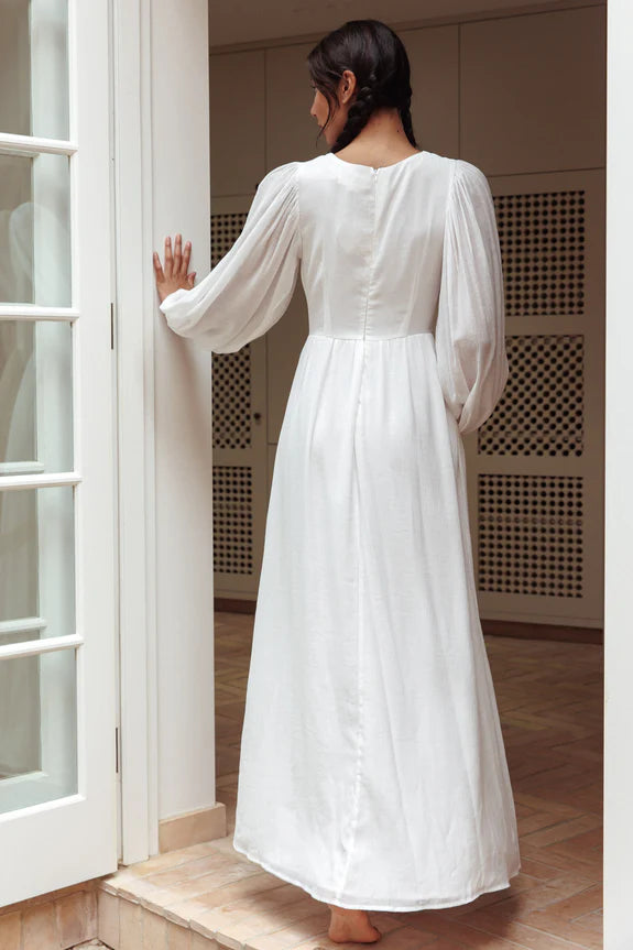 V Neck Long Sleeve Cut-Out White Maxi Evening Dress Bridal Dress With Slit
