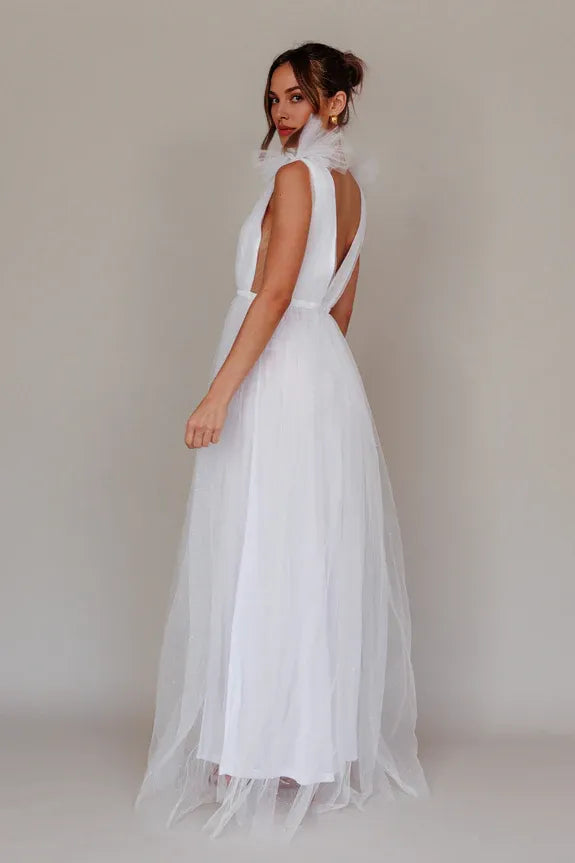 V Neck Flowers Mesh Glitter White Midi Evening Dress With Slit