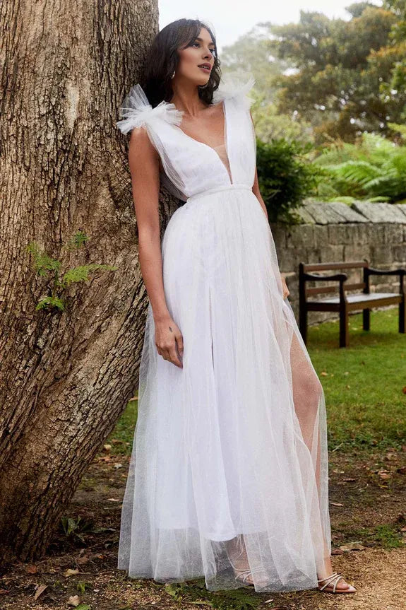 V Neck Flowers Mesh Glitter White Midi Evening Dress With Slit