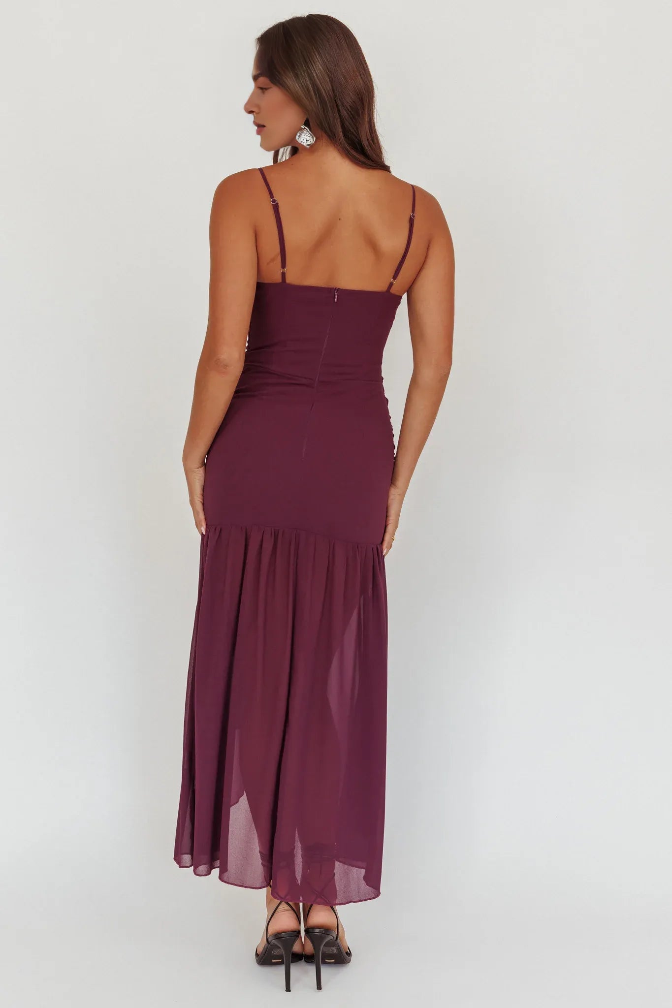 V Neck Pleated Waist Sash Tie Plum Maxi Evening Dress With Sheer Hem