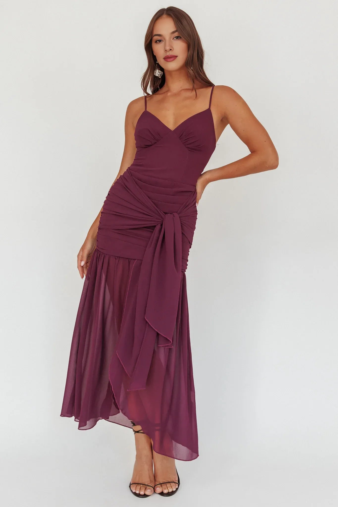V Neck Pleated Waist Sash Tie Plum Maxi Evening Dress With Sheer Hem