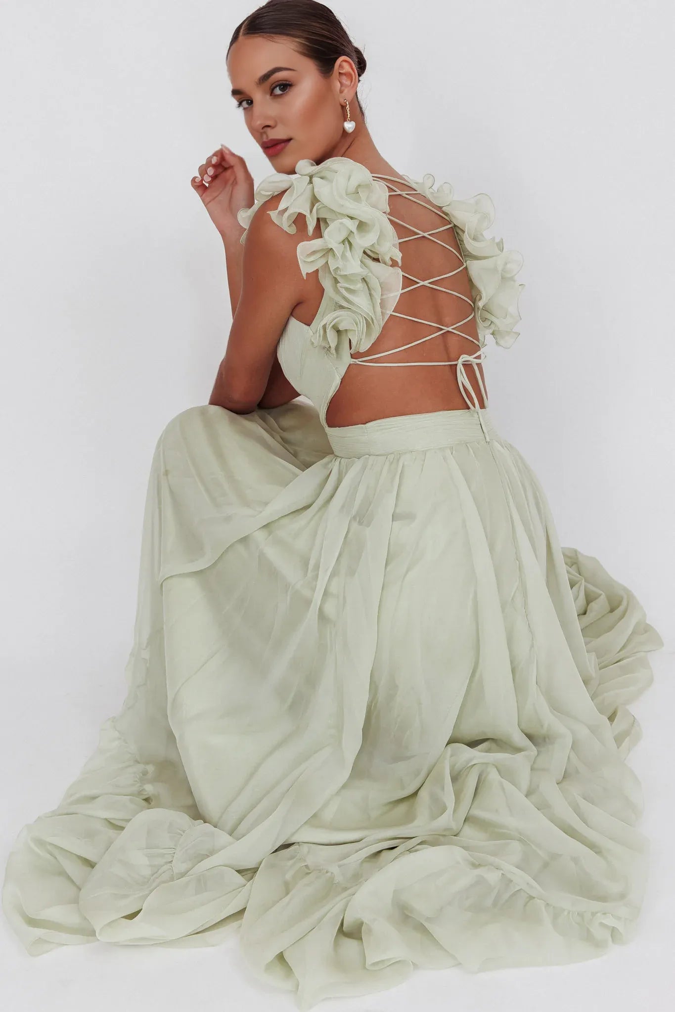 V Neck Ruffle Cutout Lace-Up Back Ruffle Sage Maxi Evening Dress