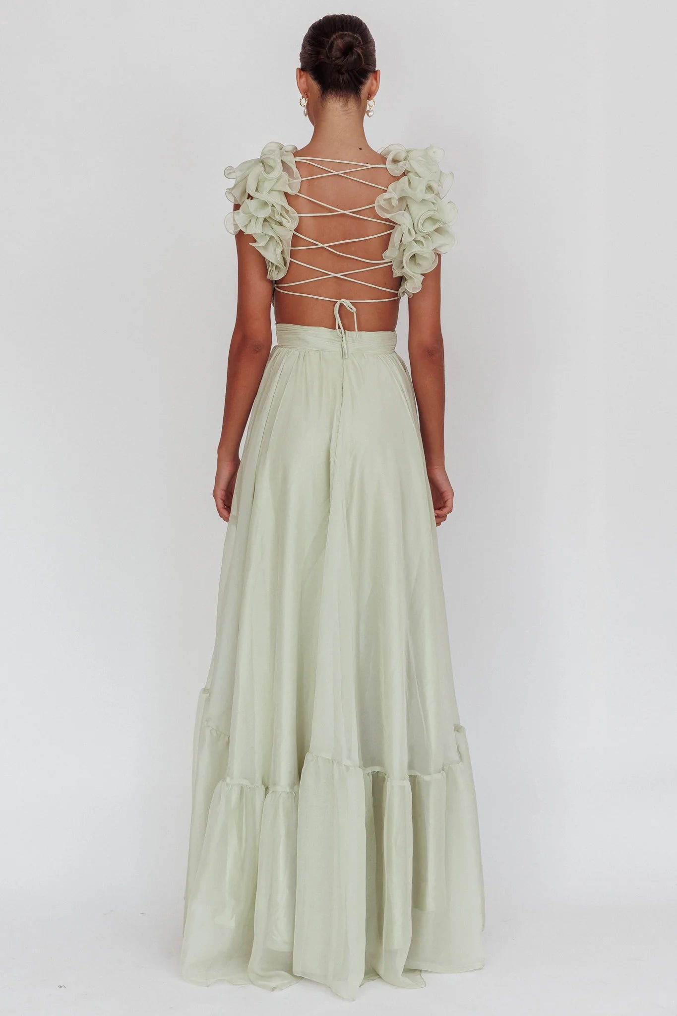 V Neck Ruffle Cutout Lace-Up Back Ruffle Sage Maxi Evening Dress