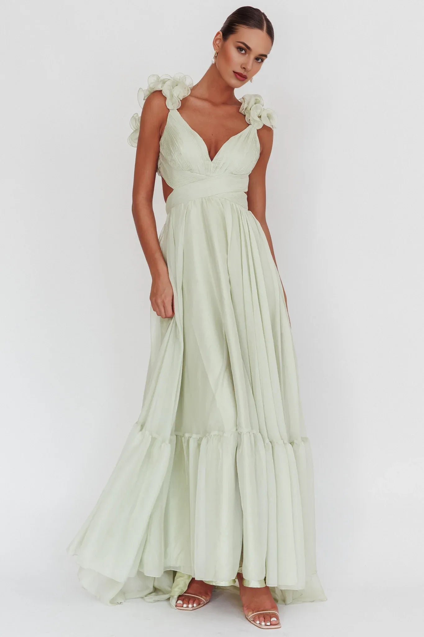 V Neck Ruffle Cutout Lace-Up Back Ruffle Sage Maxi Evening Dress