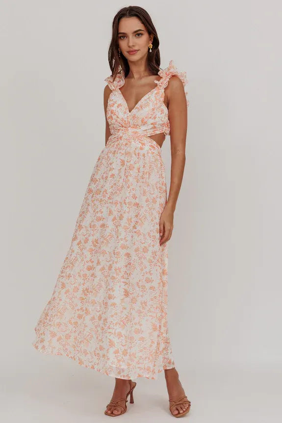 V Neck Ruffle Lace-Up Back Flowers Orange Maxi Homecoming Dress Prom Dress
