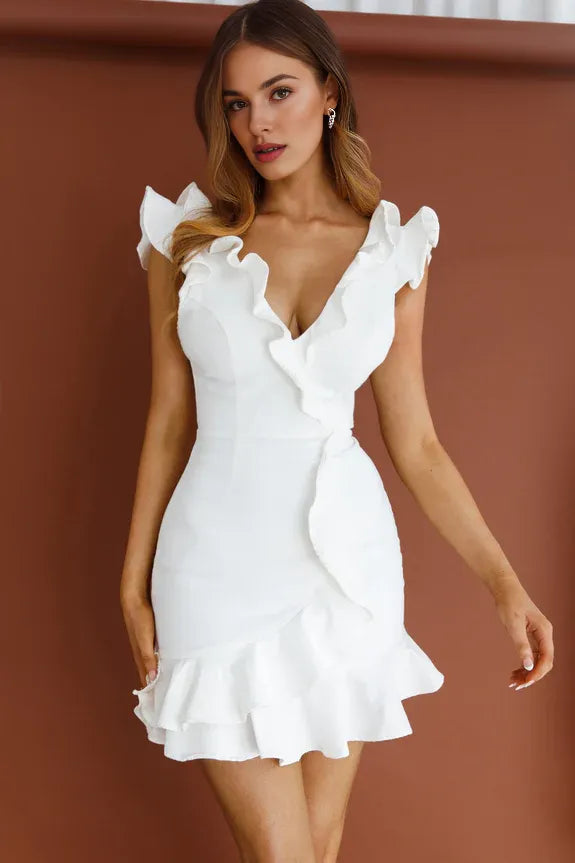 V Neck Ruffle Shoulder Low Back Tie White Mini Homecoming Dress