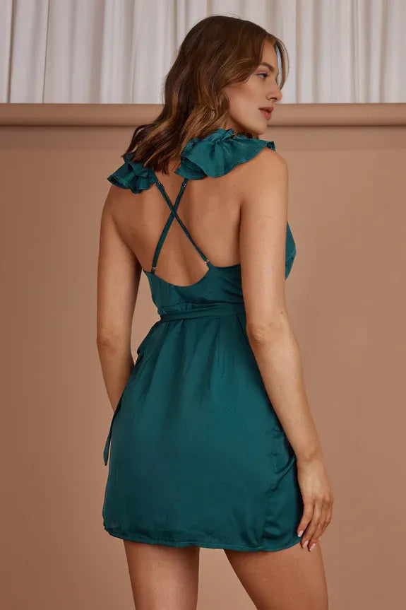 V Neck Ruffle Shoulder Wrap Tie Forest Green Homecoming Dress