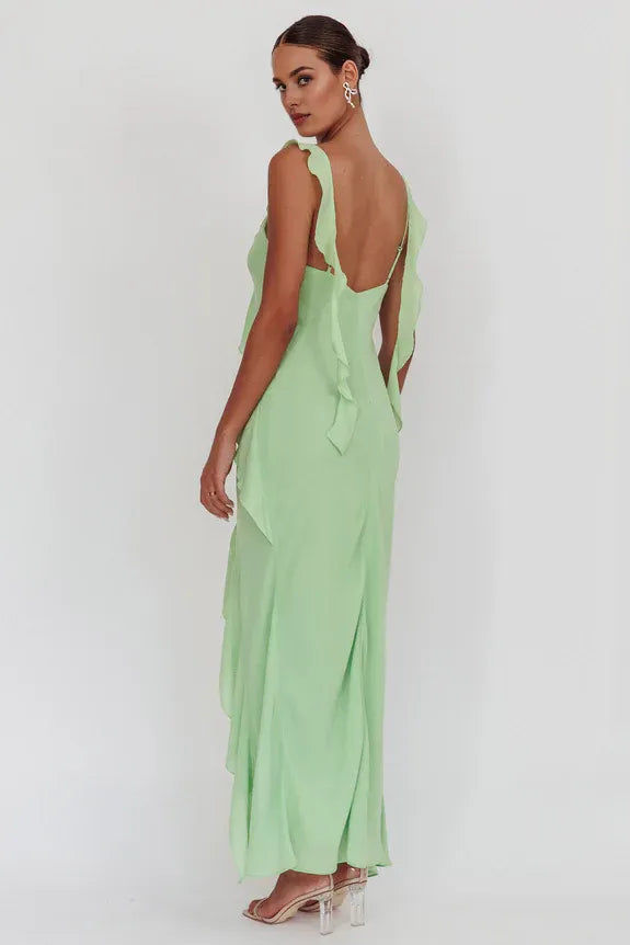 V Neck Ruffle Trim Pistachio Maxi Evening Dress With High-Low Hem