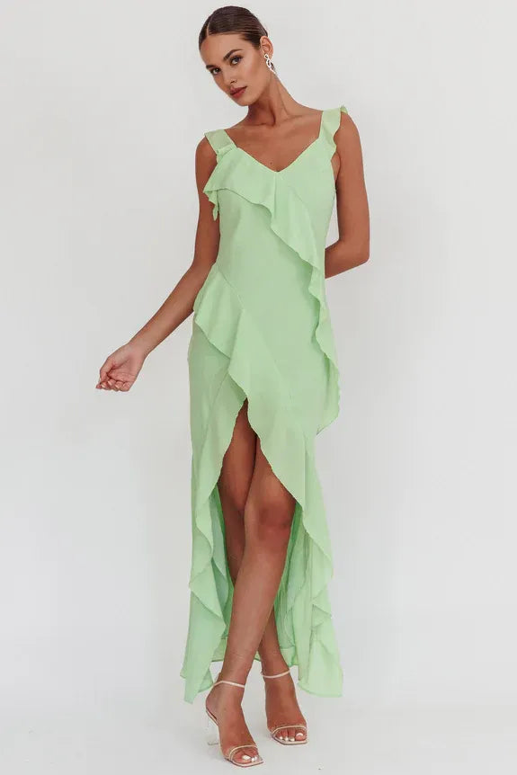 V Neck Ruffle Trim Pistachio Maxi Evening Dress With High-Low Hem