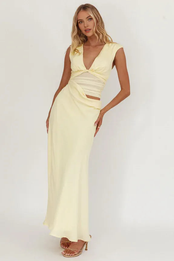 V Neck Sheer Cutout Ruched Waist Butter Maxi Homecoming Dress Prom Dress