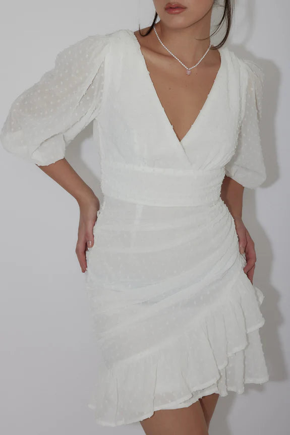 V Neck 1/2 Sleeve Pleated Ruffle Hail Spot White Mini Homecoming Dress