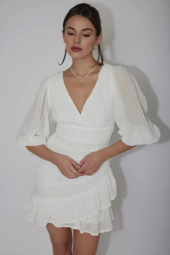 V Neck 1/2 Sleeve Pleated Ruffle Hail Spot White Mini Homecoming Dress