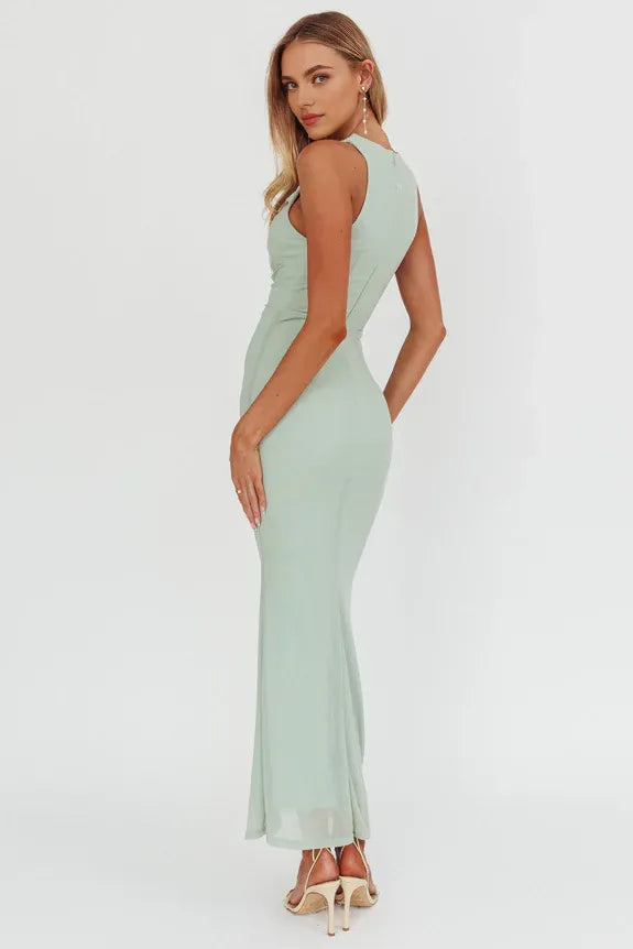 V Neck Sleeveless Keyhole Mesh Pearl Sage Maxi Homecoming Dress Prom Dress