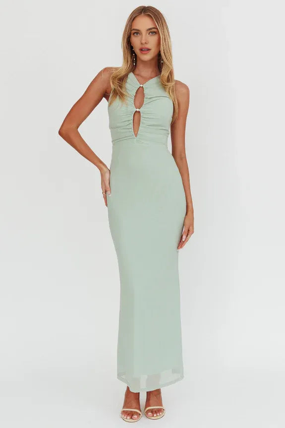 V Neck Sleeveless Keyhole Mesh Pearl Sage Maxi Homecoming Dress Prom Dress