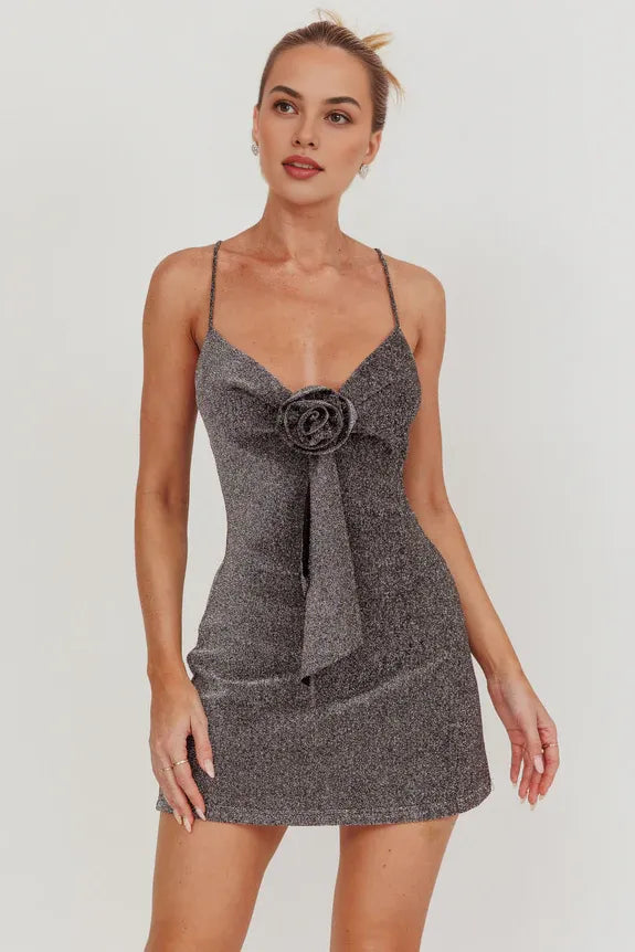 V Neck Spaghetti Straps 3D Rose Charcoal Mini Homecoming Dress