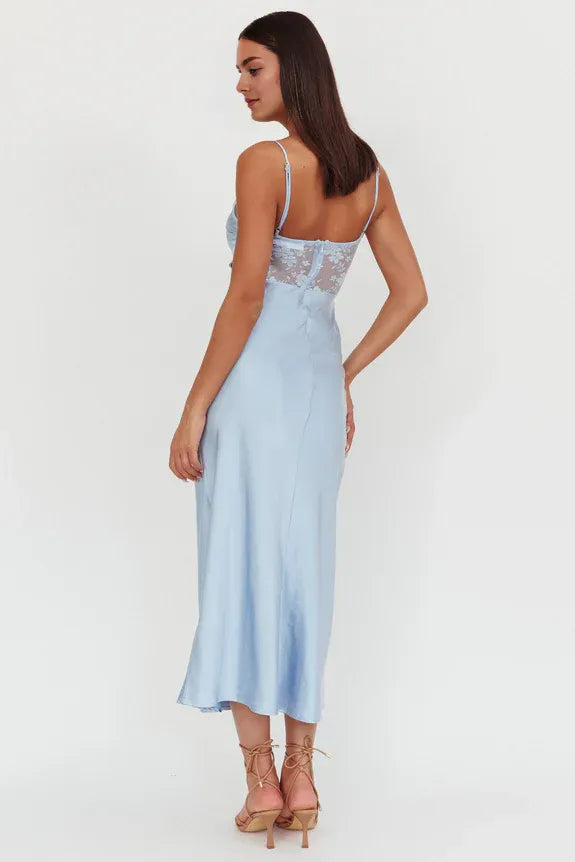 V Neck Spaghetti Straps Bodice Lace Blue Maxi Homecoming Dress Prom Dress