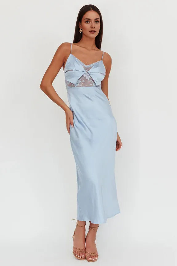 V Neck Spaghetti Straps Bodice Lace Blue Maxi Homecoming Dress Prom Dress