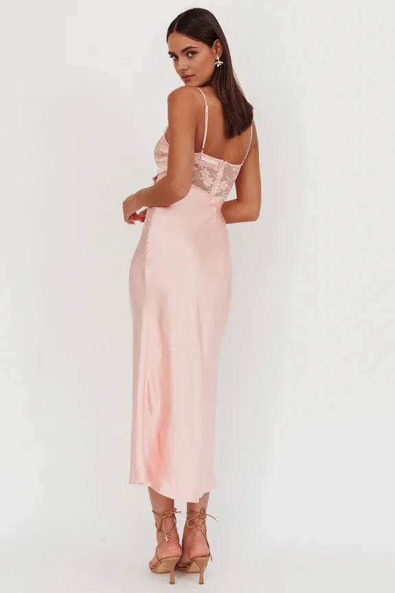 V Neck Spaghetti Straps Bodice Lace Peach Maxi Homecoming Dress Prom Dress