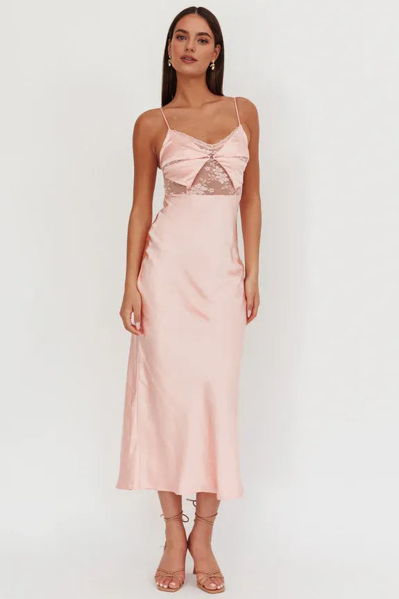 V Neck Spaghetti Straps Bodice Lace Peach Maxi Homecoming Dress Prom Dress