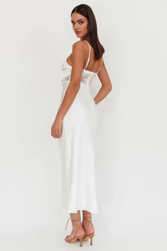 V Neck Spaghetti Straps Bodice Lace White Maxi Homecoming Dress Prom Dress