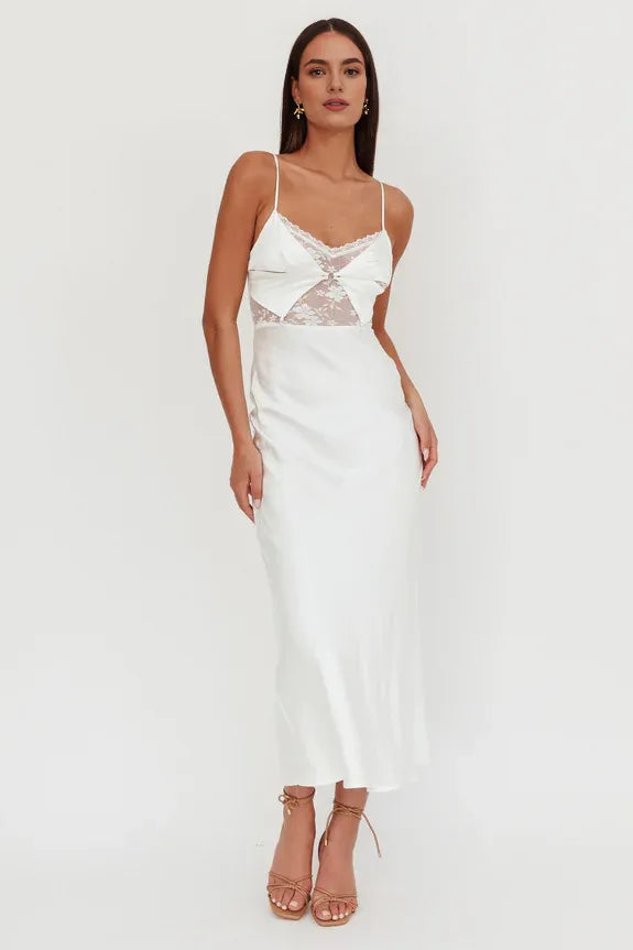 V Neck Spaghetti Straps Bodice Lace White Maxi Homecoming Dress Prom Dress