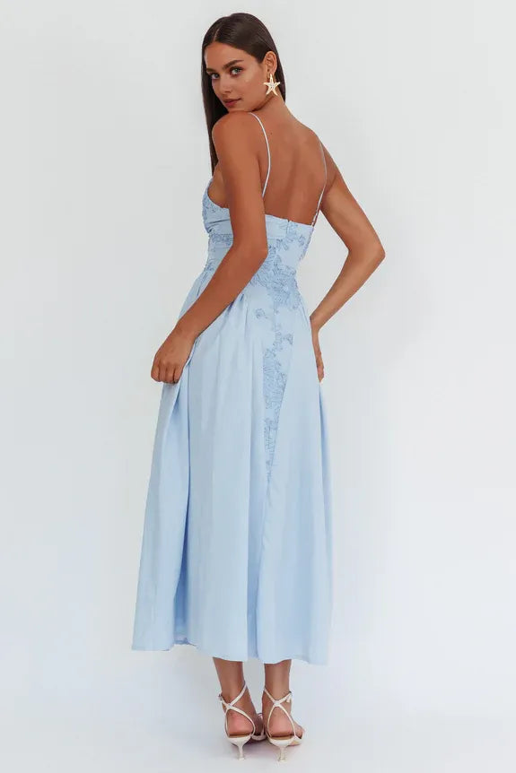 V Neck Spaghetti Straps Floral Embellished Blue Maxi Homecoming Dress Prom Dress