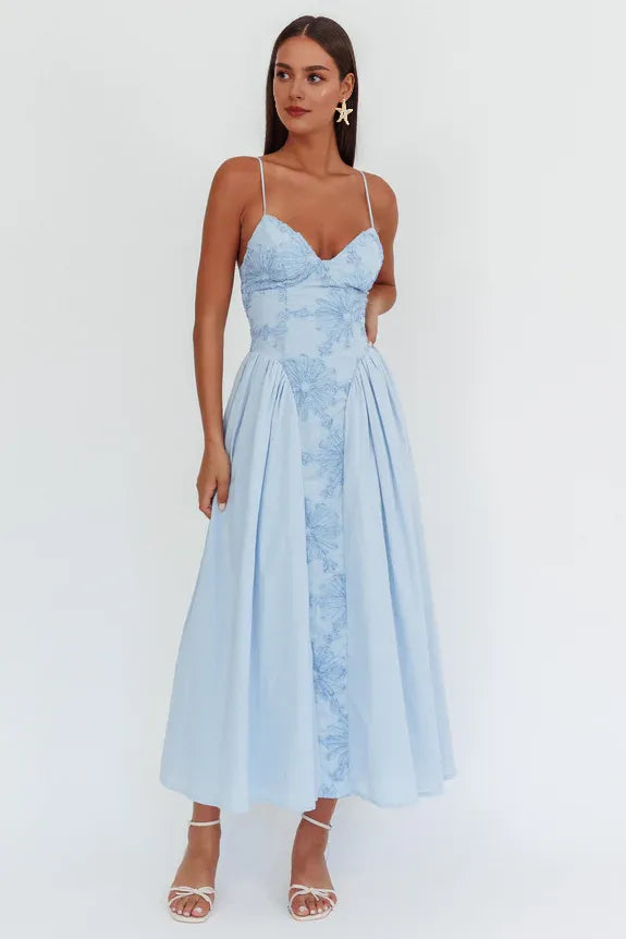 V Neck Spaghetti Straps Floral Embellished Blue Maxi Homecoming Dress Prom Dress
