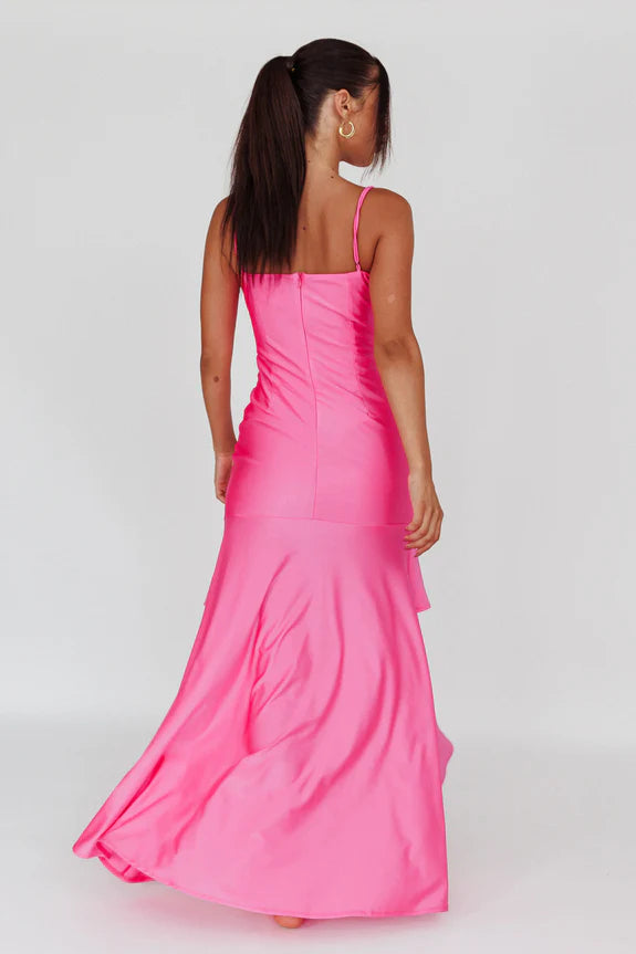V Neck Spaghetti Straps Flowers Ruched Ruffle Fuchsia Maxi Evening Dress