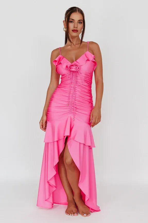 V Neck Spaghetti Straps Flowers Ruched Ruffle Fuchsia Maxi Evening Dress