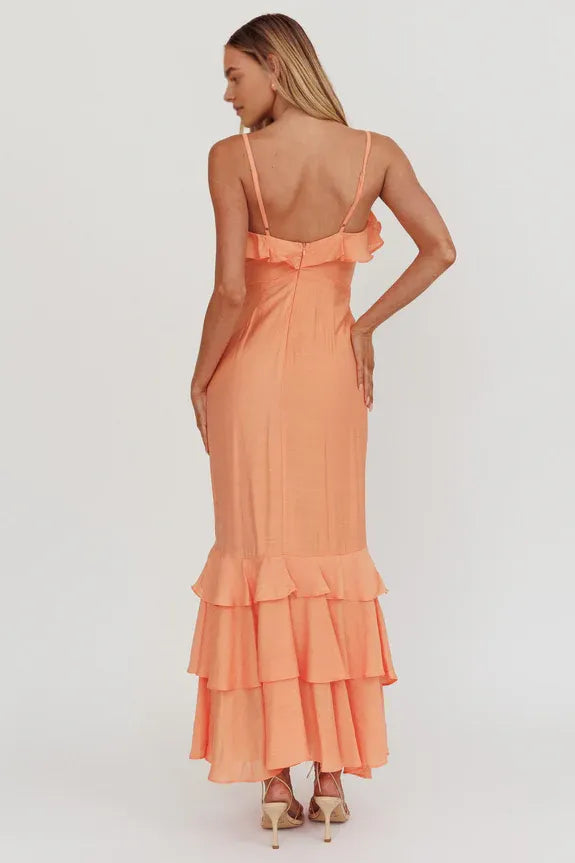 V Neck Spaghetti Straps Frill Trim Split Orange Maxi Homecoming Dress Prom Dress