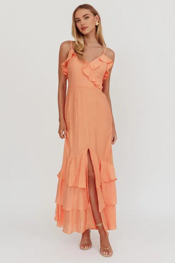 V Neck Spaghetti Straps Frill Trim Split Orange Maxi Homecoming Dress Prom Dress