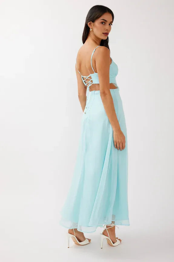 V Neck Spaghetti Straps Lace Trim Cut-Out Mint Midi Evening Dress Party Dress